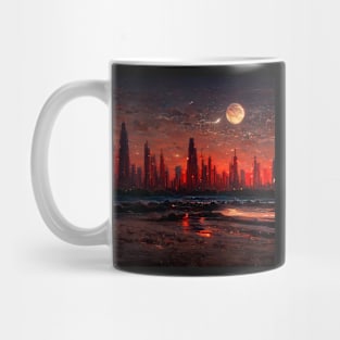 red sanded beach with a skyline that has a futuristic city Mug